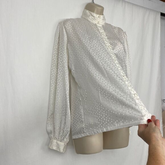 Vintage Helen Fabrikant Blouse Womens 12 White Satin Polka Dot Button Up Top - Picture 5 of 12